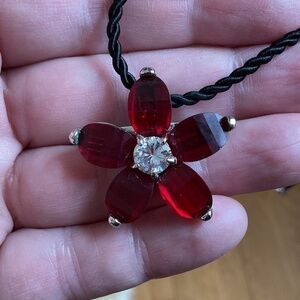 Sterling Silver 925 Red/White Crystals with silk cord necklace New